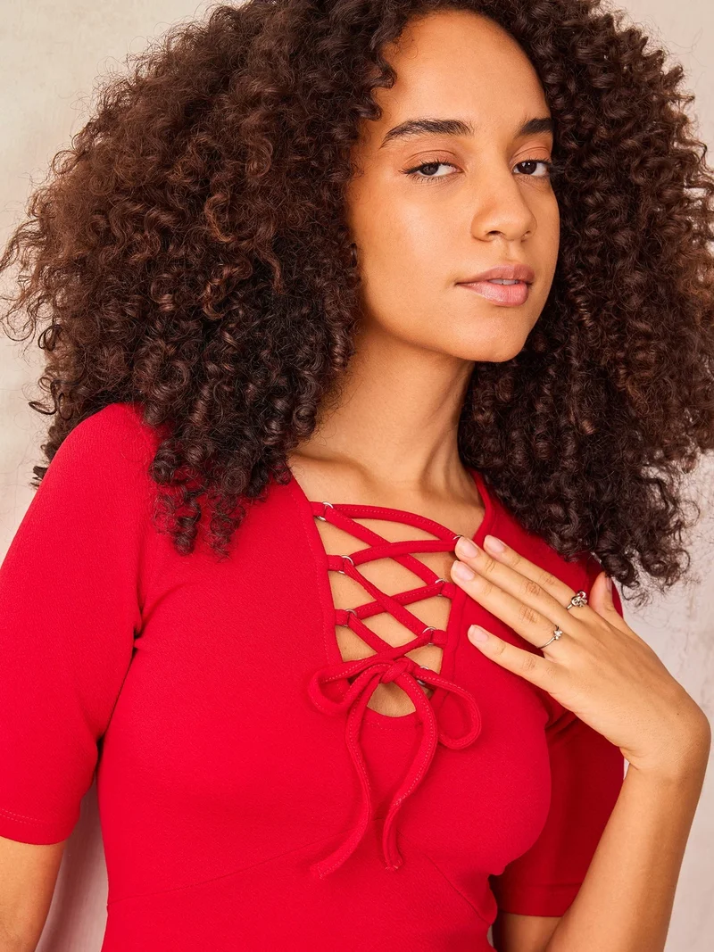 Outzidr  Red Plunge Tie Up Neck Dress for Women | Best Price UAE
